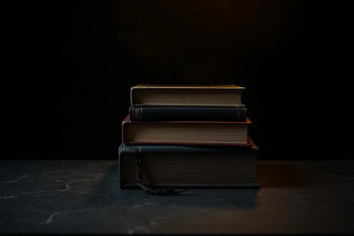 Stack of three books under warm golden light